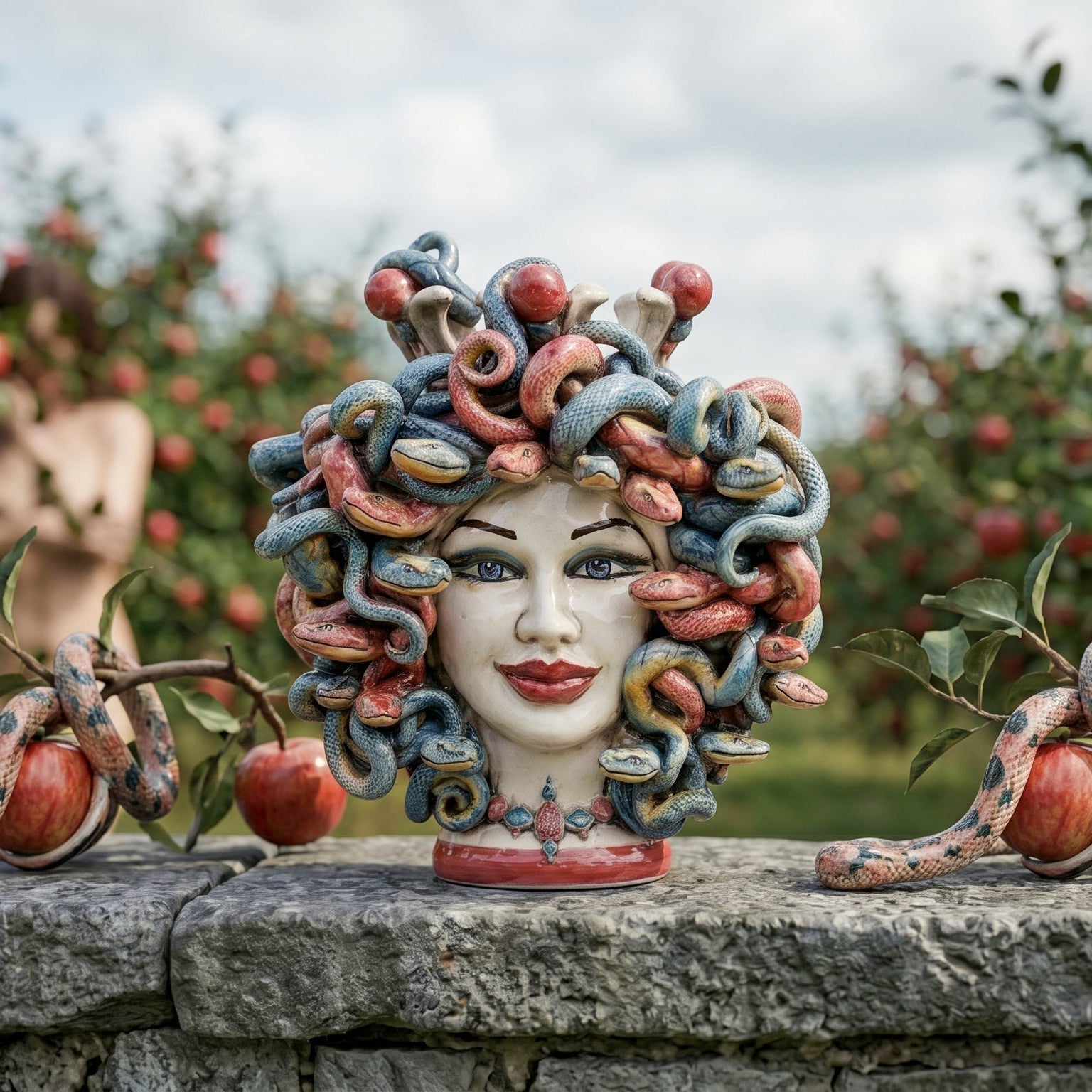 Testa Medusa h 25 cm maschio moro - con Perline Bordeaux | Ceramica Caltagirone