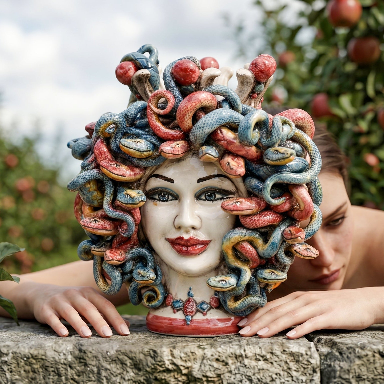 Testa Medusa h 25 cm maschio moro - con Perline Bordeaux | Ceramica Caltagirone