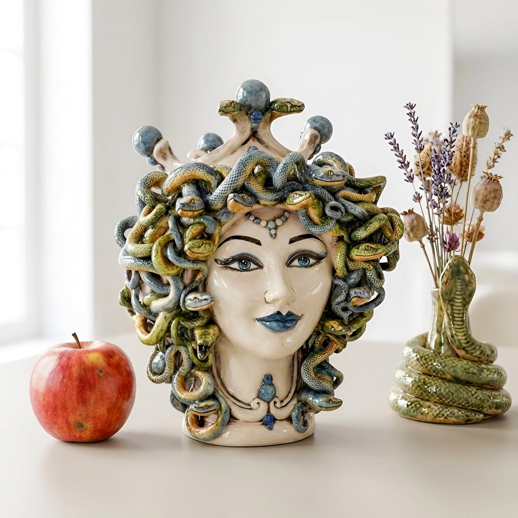 Testa Medusa h 30 cm - Madreperla Antichizzato, Perline Blu | Ceramica Caltagirone
