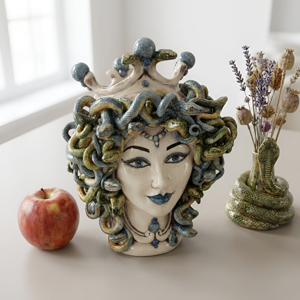 Testa Medusa h 30 cm - Madreperla Antichizzato, Perline Blu | Ceramica Caltagirone