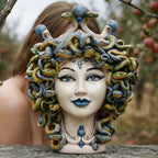 Testa Medusa h 30 cm - Madreperla Antichizzato, Perline Blu | Ceramica Caltagirone