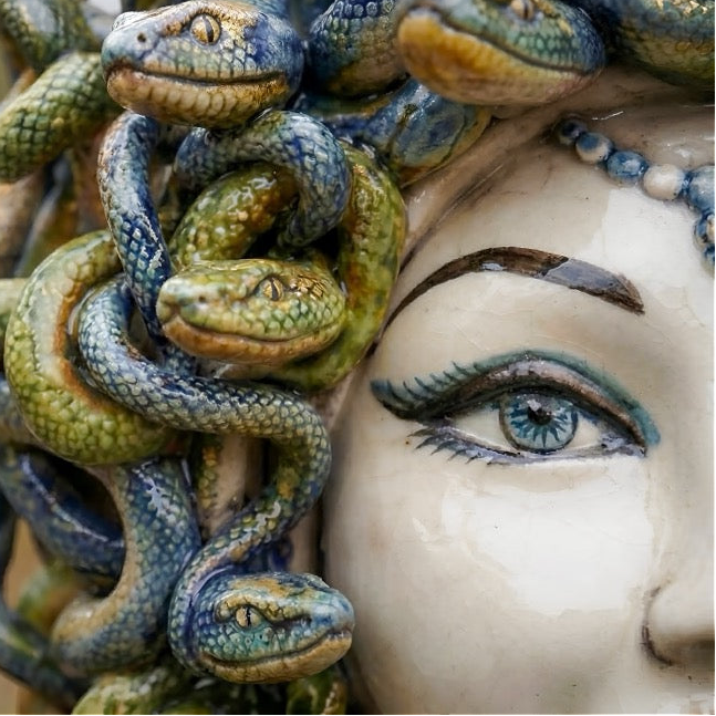 Testa Medusa h 30 cm - Madreperla Antichizzato, Perline Blu | Ceramica Caltagirone