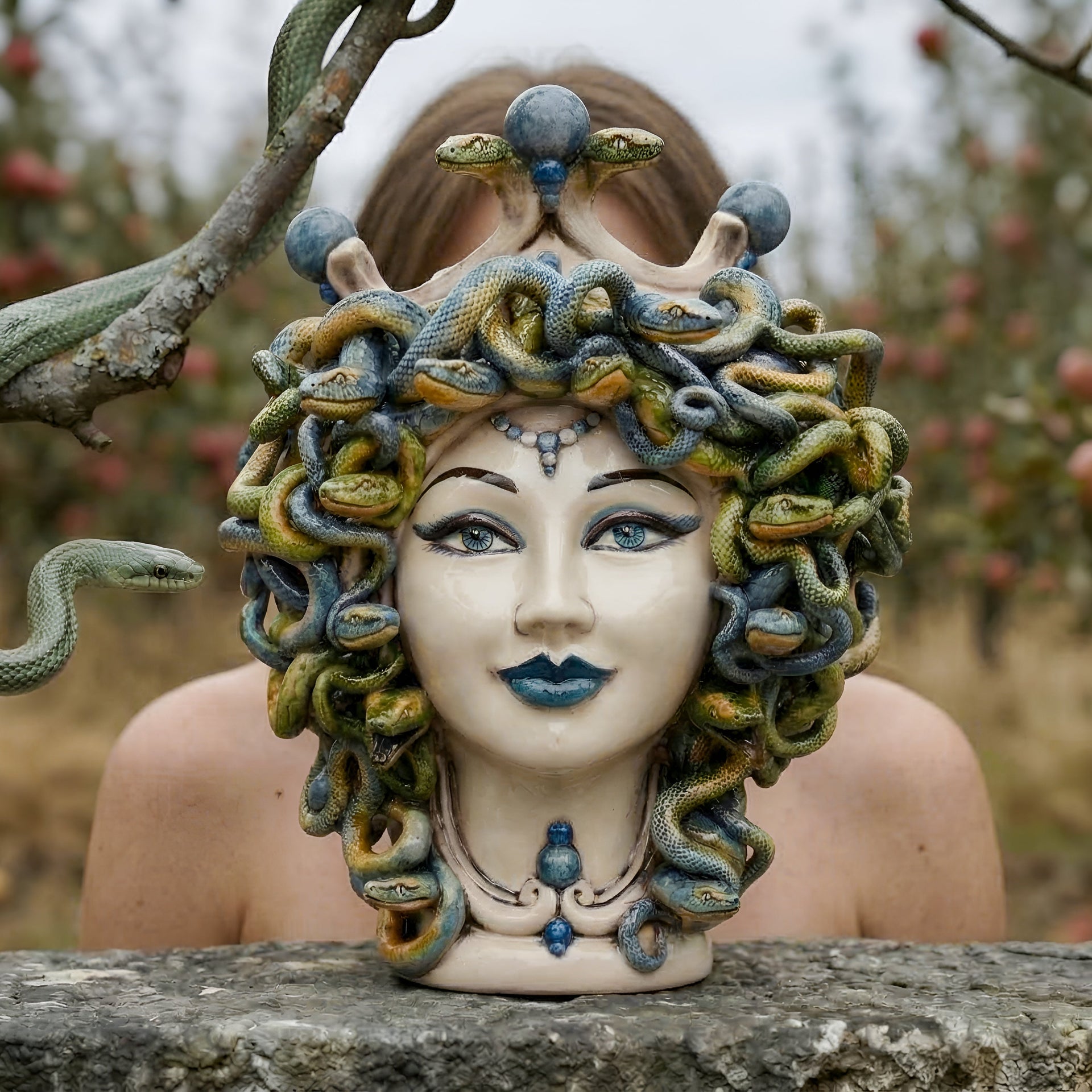 Testa Medusa h 30 cm - Madreperla Antichizzato, Perline Blu | Ceramica Caltagirone