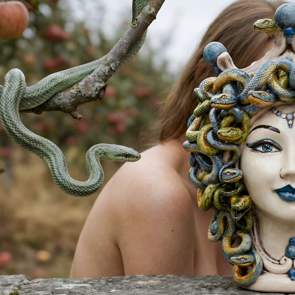 Testa Medusa h 30 cm - Madreperla Antichizzato, Perline Blu | Ceramica Caltagirone
