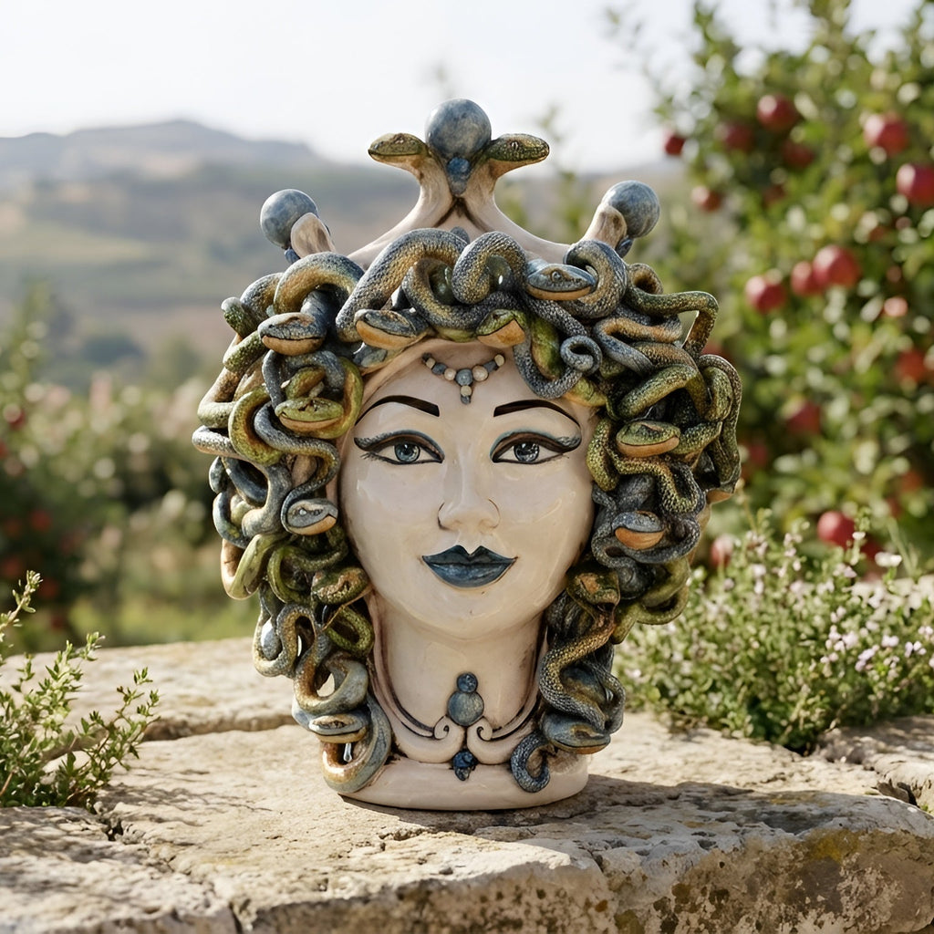 Testa Medusa h 30 cm - Madreperla Antichizzato, Perline Blu | Ceramica Caltagirone