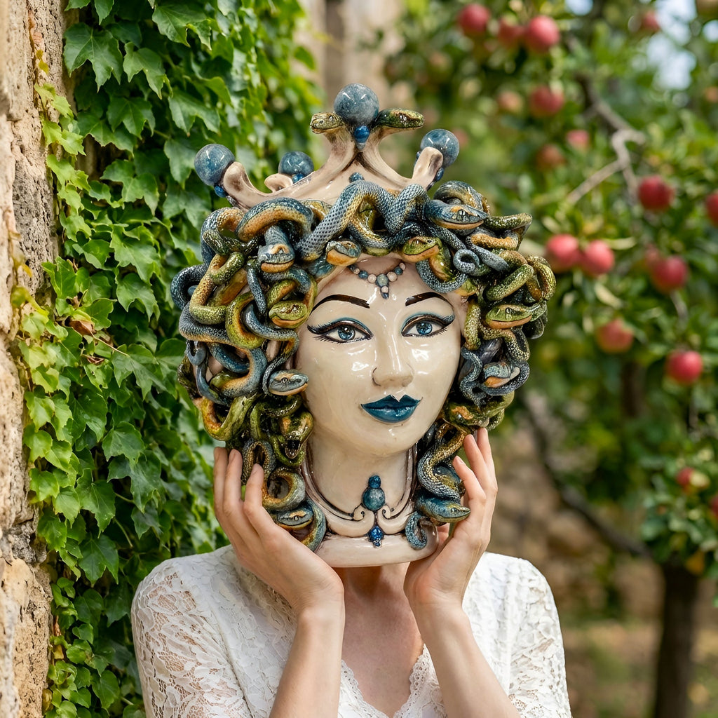Testa Medusa h 30 cm - Madreperla Antichizzato, Perline Blu | Ceramica Caltagirone