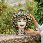 Testa Medusa h 30 cm - Madreperla Antichizzato, Perline Blu | Ceramica Caltagirone