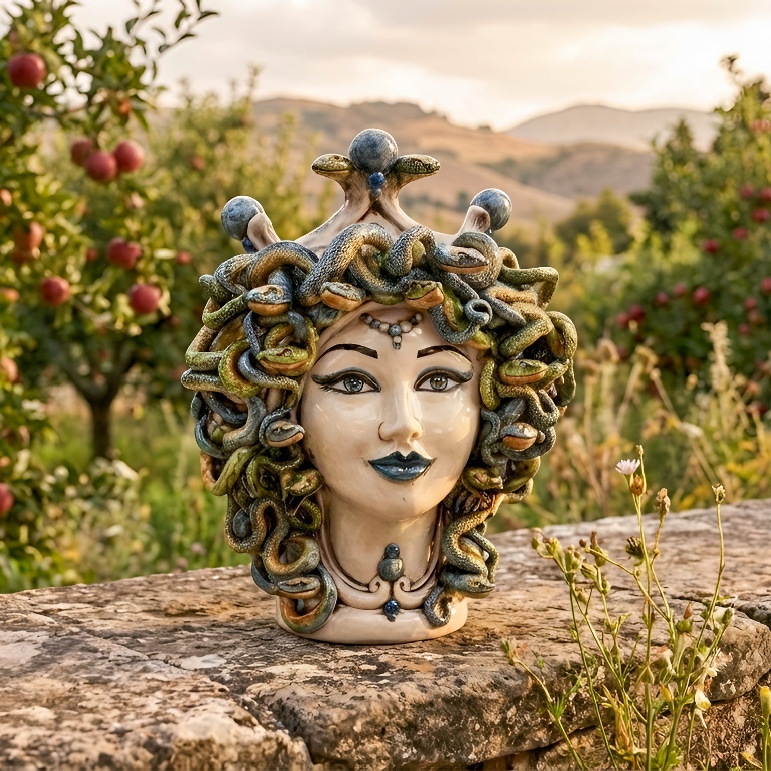 Testa Medusa h 30 cm - Madreperla Antichizzato, Perline Blu | Ceramica Caltagirone