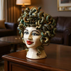 Handcrafted Teste di Moro ceramic bust with snake hair, elegant home decor for living room styling