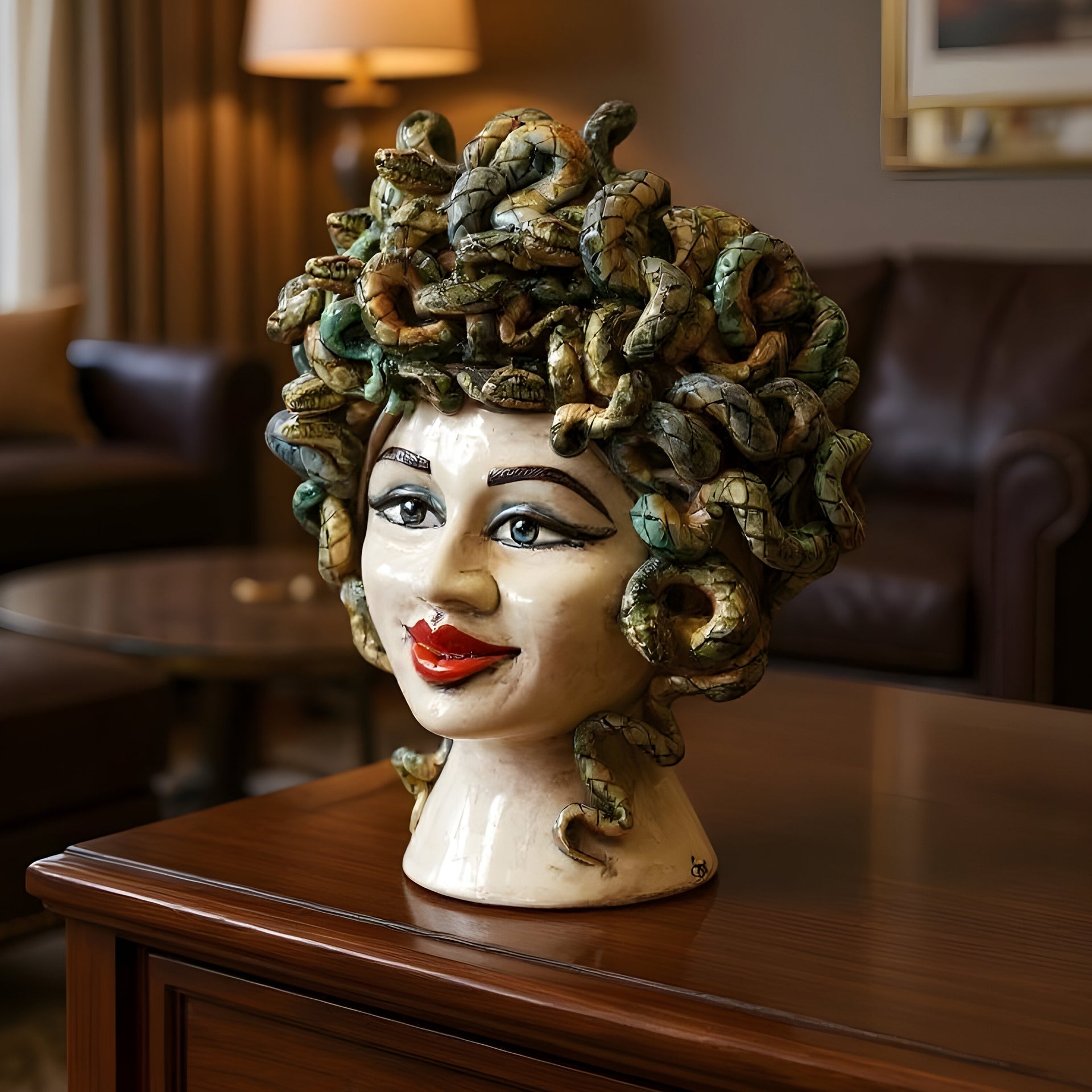 Handcrafted ceramic Medusa head with red lips and snake hair, Sicilian art decor