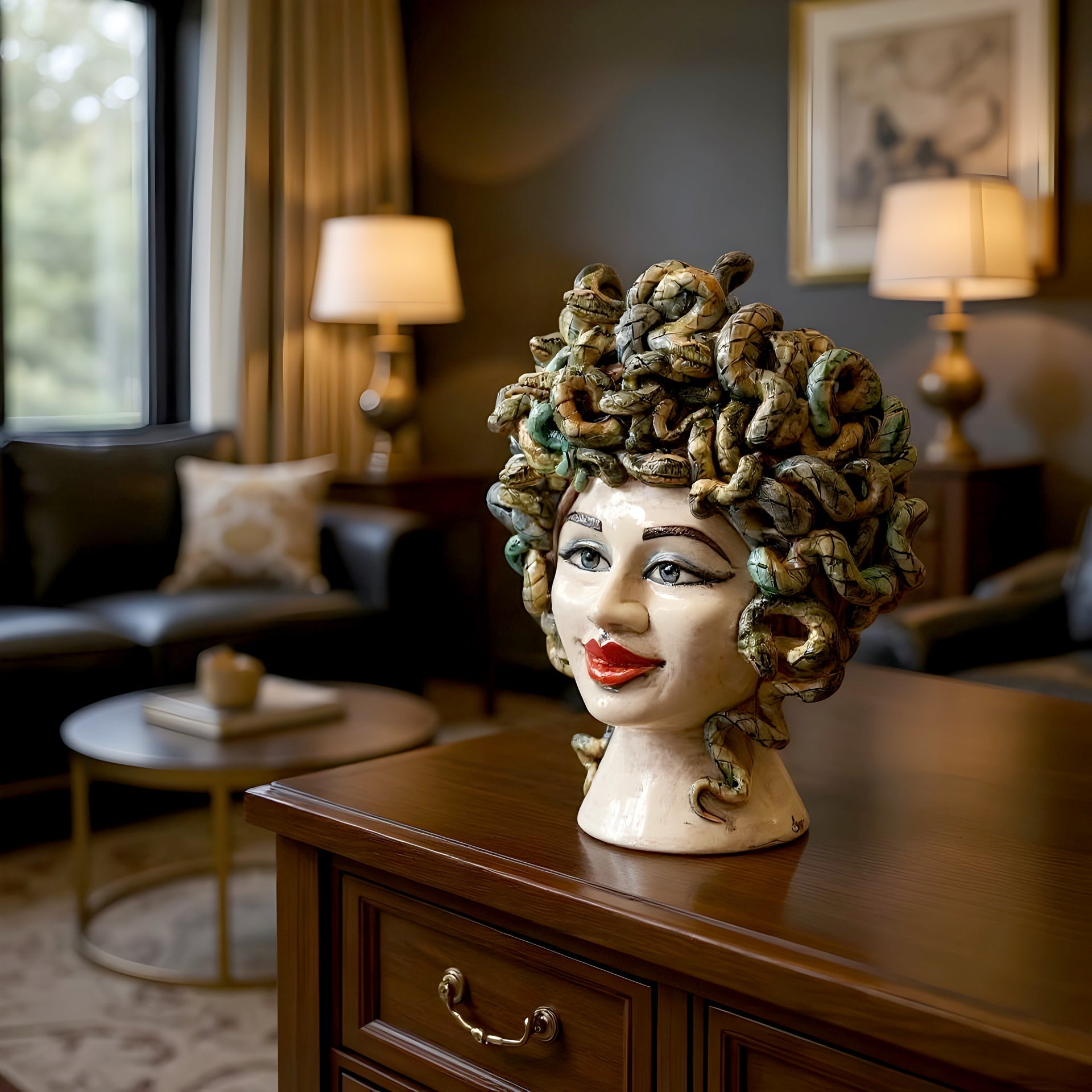 Handmade Medusa ceramic head with serpentine hair and red lips on wooden table in modern living room