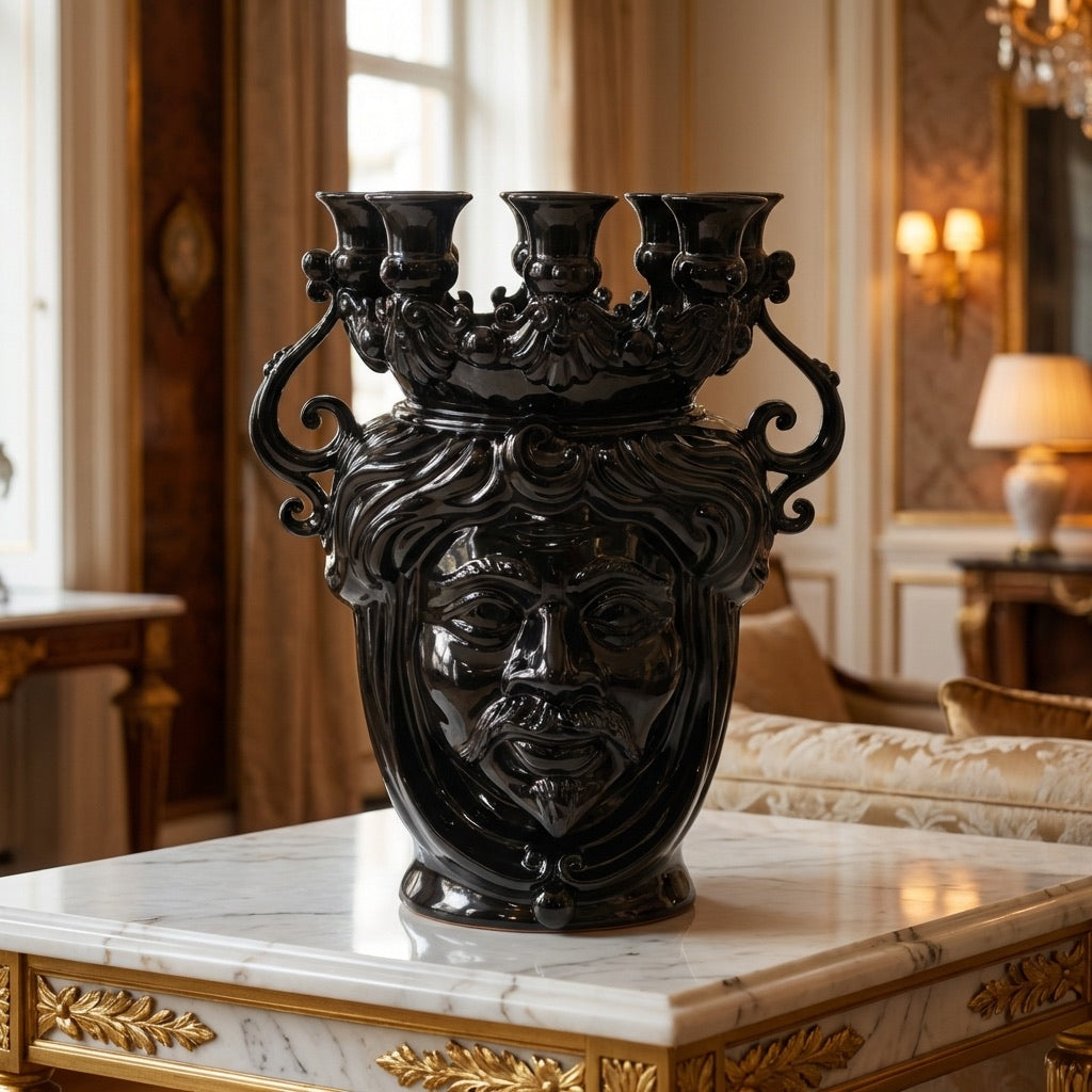 Black ceramic Testa di Moro vase with ornate face and candle holders, displayed on marble table in luxury interior