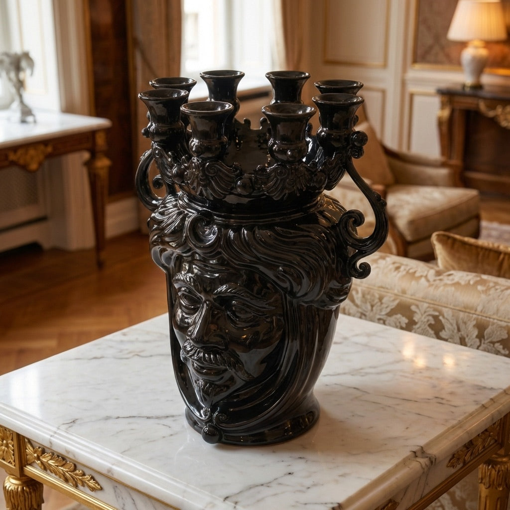 Black ceramic Testa di Moro vase with ornate face and candle holders, displayed on marble table