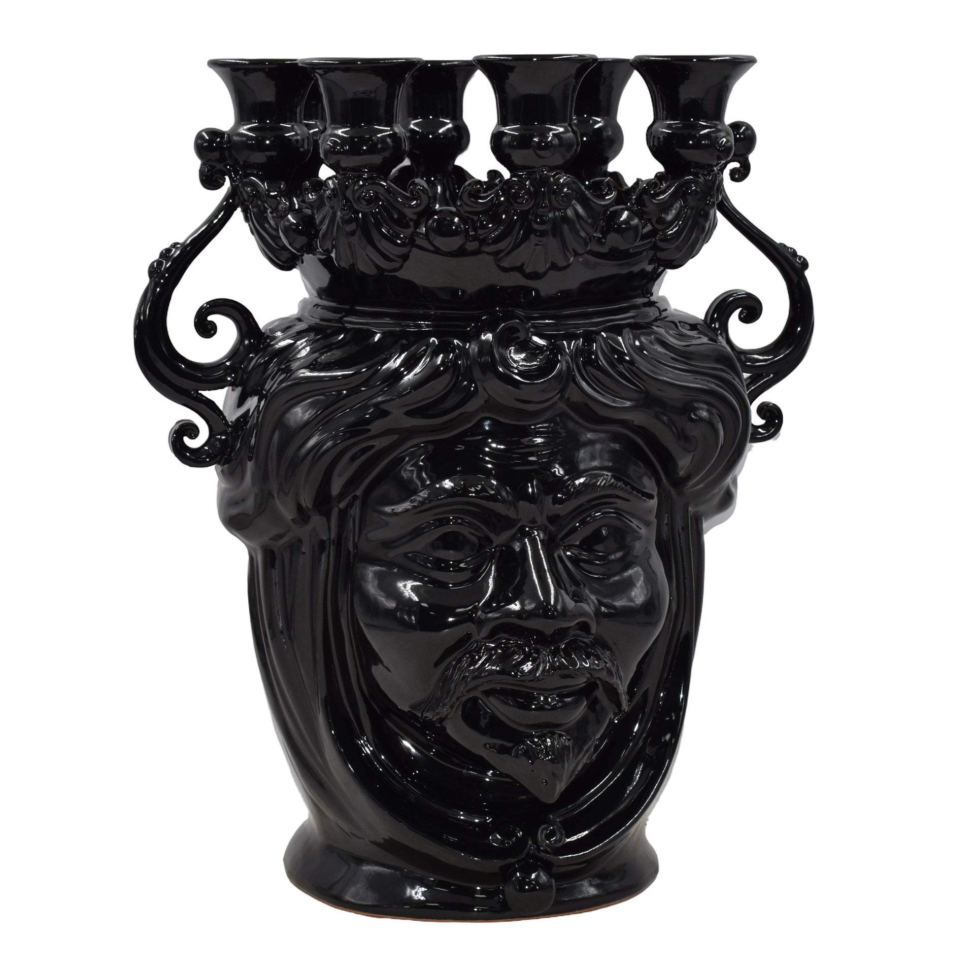 Black ceramic Teste di Moro vase with sculpted face, ornate crown, and five openings for home decor