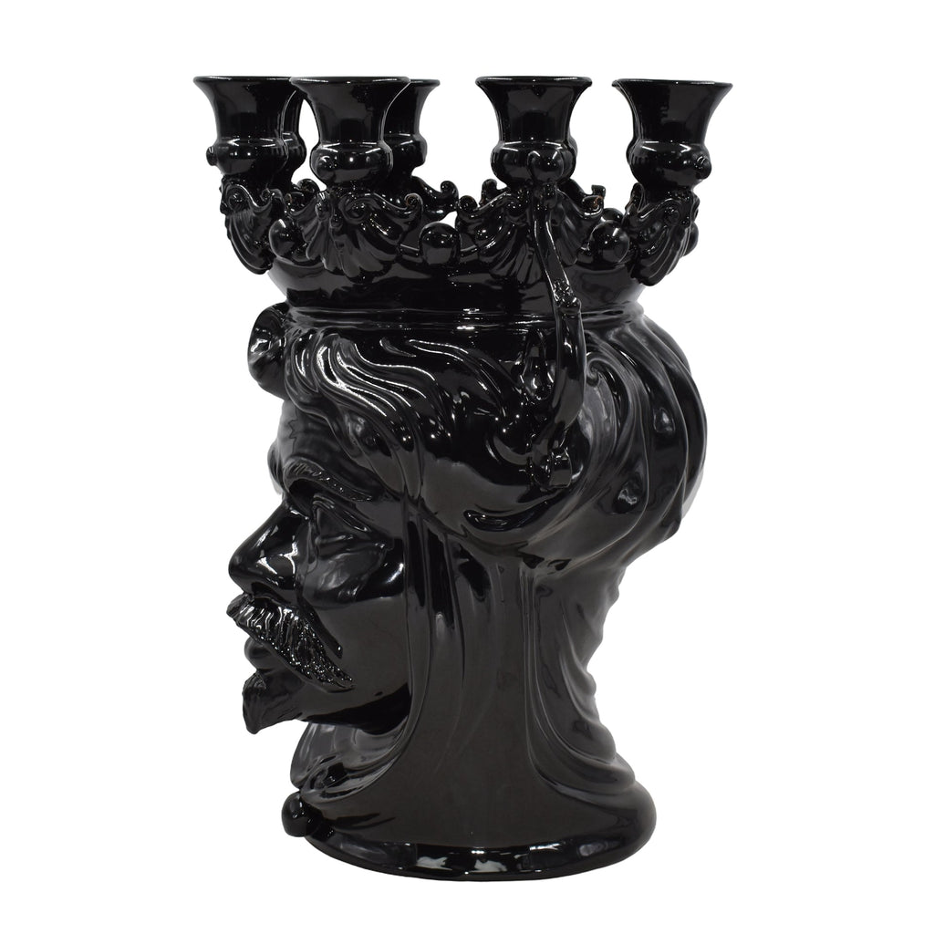 Black ceramic Testa di Moro candle holder with ornate crown and flowing hair, handmade decorative piece