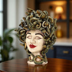 Handcrafted Medusa head sculpture with snake hair, ceramic art for modern home decor
