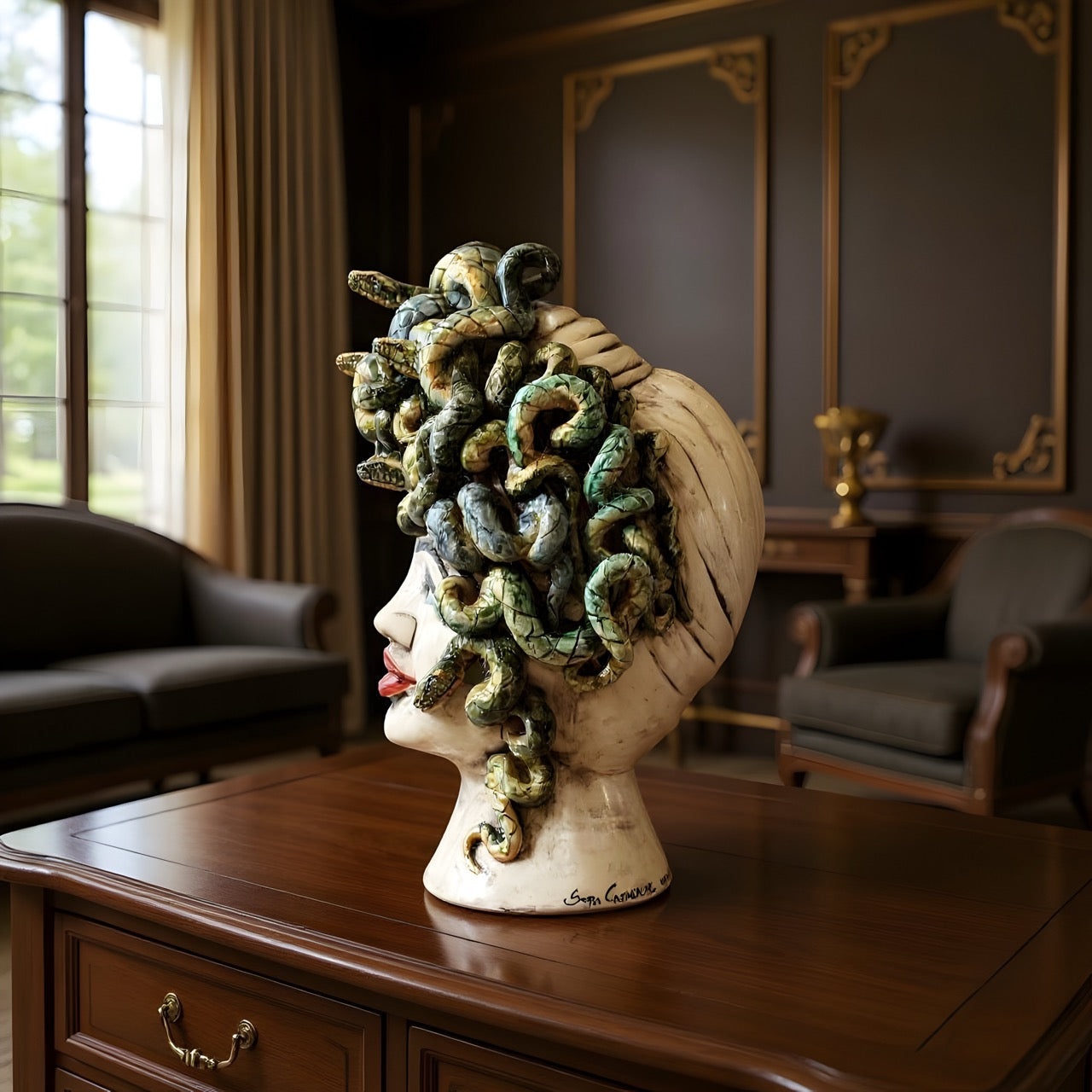 Handcrafted Sicilian Medusa head ceramic bust with red lips and snake hair on desk